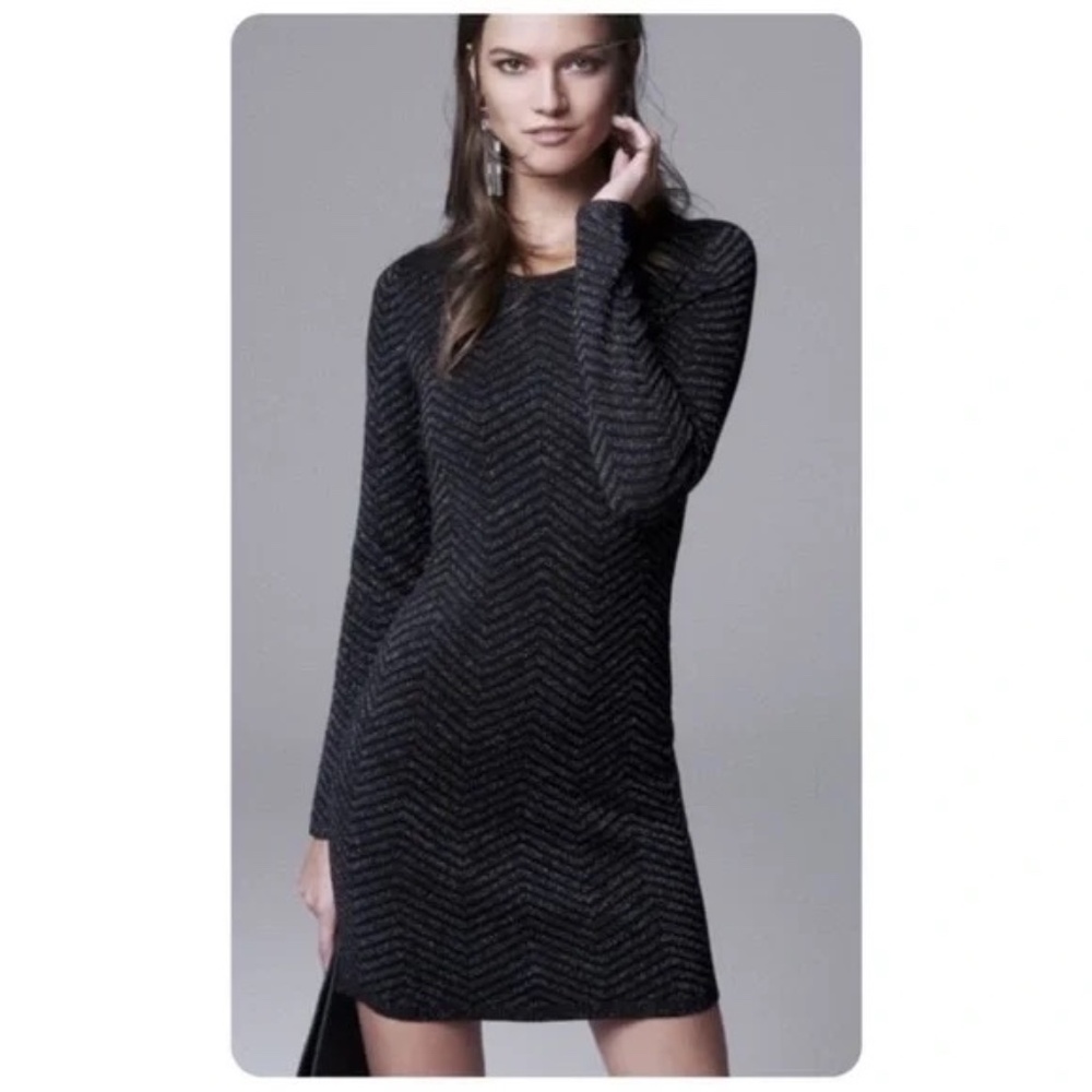 Express Metallic Chevron Long Sleeve Sweater Mini Dress Size M Black